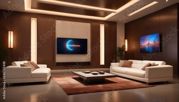 Fototapeta High end modern living room with white leather couch and a large flat screen tv mounted on the wall, brutalist architecture mixed with modern futuristic minimal design