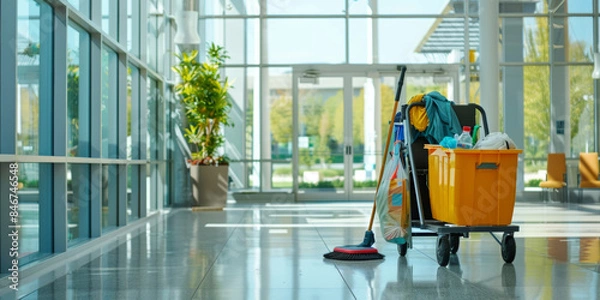 Fototapeta A cleaning cart loaded with a mop and broom stands in the hallway of a office building, copy space
