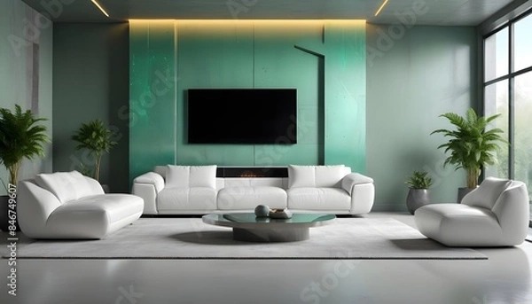 Fototapeta High end modern living room with white leather couch and a large flat screen tv mounted on the wall, brutalist architecture mixed with modern futuristic minimal design