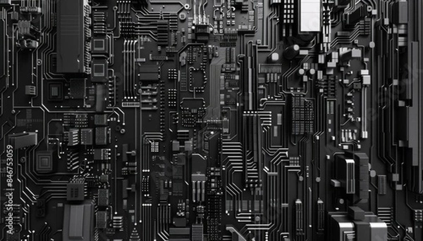 Fototapeta Abstract circuit board style line minimalist design in black and white, cyberpunk
