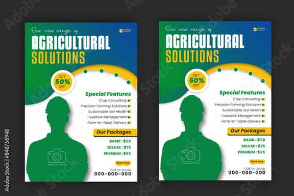 Fototapeta Premium modern lawn mower garden and landscaping service a4 flyer template, lawn care maintenance design vector layout, poster, and leaflet with abstract green and yellow gradient color shapes