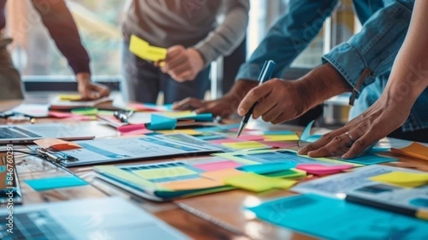 Fototapeta Team brainstorming with sticky notes