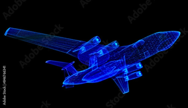 Fototapeta AWACS jet airplane. Glowing neon particles and blue lights formation of 3d model airplane
