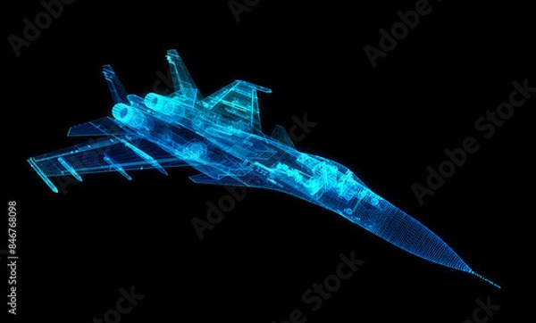 Fototapeta Military Jet from x-ray polygonal line. Air plane in motion, lines and connected to 3d form. 3d rendering