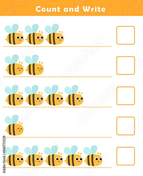 Fototapeta Count and write numbers 1-5. Counting objects worksheet for kids. Educational fun game for children. Kindergarten Counting Worksheet.