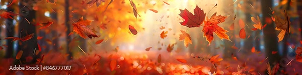 Fototapeta Autumn background with flying leaves on blurred forest backdrop