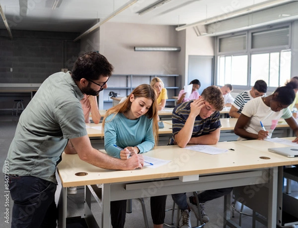 Fototapeta Male teacher advising a group of diverse students in class. High school, university