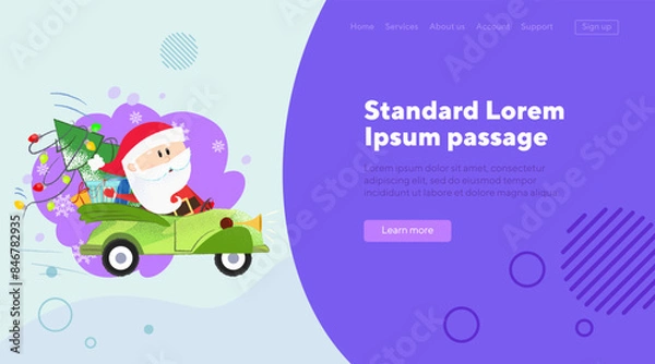 Obraz Cute Santa Claus driving car with decorated fir-tree. Christmas design element. Holiday concept can be used for banner design or landing page