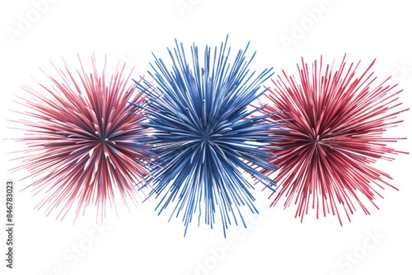 Fototapeta Three Fireworks Are Lit Up In The Sky, With Red, White, And Blue Colors, Independence Day, 3D Render, Illustrations, Isolated On A Transparent Background.	