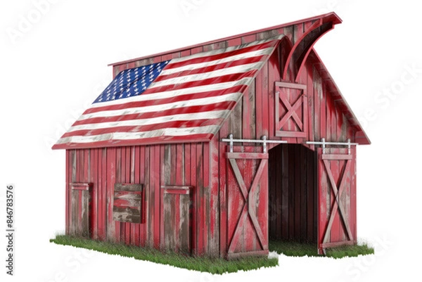 Fototapeta Red Barn With A Flag On The Roof, Independence Day, 3D Render, Illustrations, Isolated On A Transparent Background.	