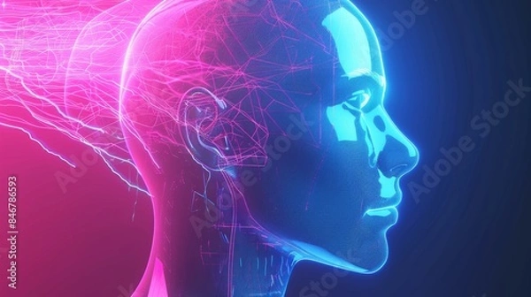 Fototapeta 3D render of an AI humanoid head with glowing circuitry and data streams, set against a dark background with neon blue lights.