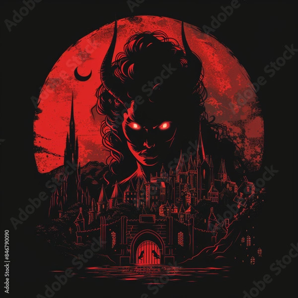 Fototapeta Demon lady and a vampire city, with a red moon in the background