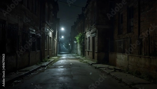 Fototapeta In the dead of night, the abandoned street becomes a stage for unseen horrors lurking in the shadows ai_generated
