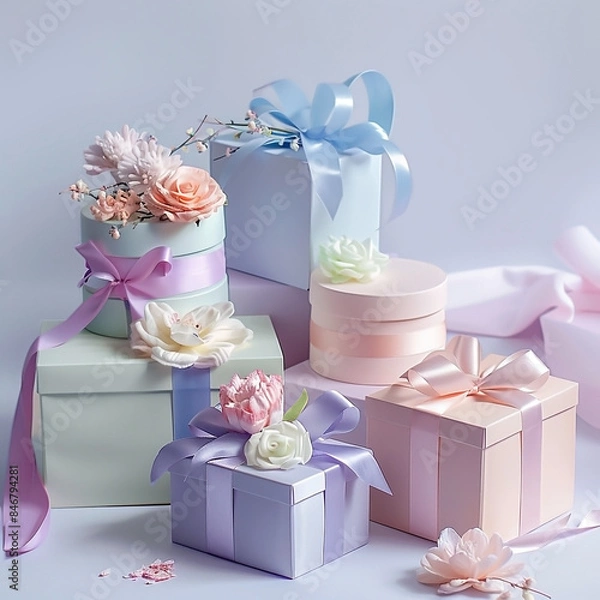 Obraz Pastell coloured gift boxes with ribbons 