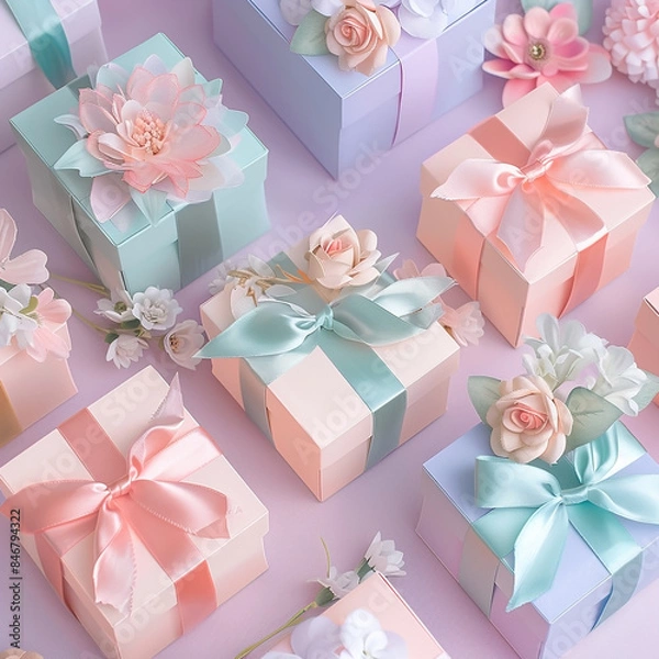 Obraz Pastell coloured gift boxes with ribbons 