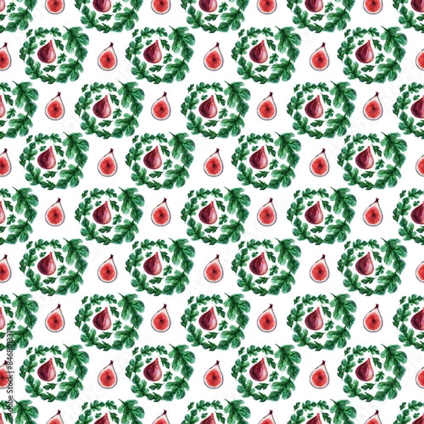 Fototapeta Watercolor seamless pattern with fruits and fig leaves