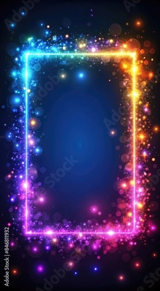 Fototapeta  neon glowing blank text frame, festive shining particles, holiday promotions, birthday announcements and sales