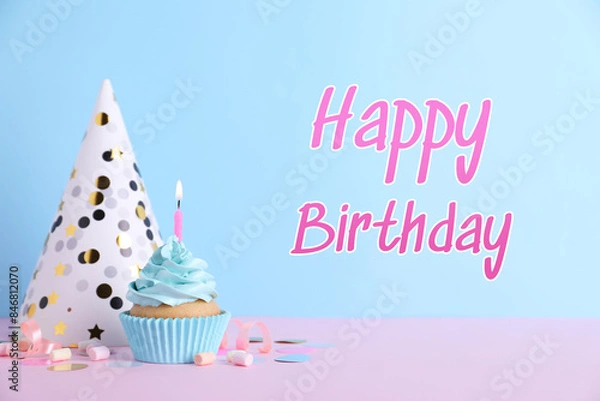 Obraz Birthday card with cupcake and party hat on light blue background