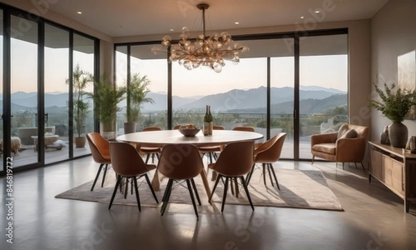 Fototapeta A Glass Chandelier Hangs Over a Dining Table