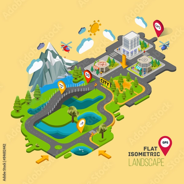 Fototapeta Flat vector landscape with a picture of the nature and landscape of mountains and lakes, road junction GPS navigation infographic 3d isometric concept.