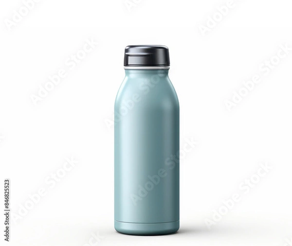 Fototapeta Sleek and modern silver water bottle with a black cap, isolated on a white background, ideal for hydration and eco-friendly use.