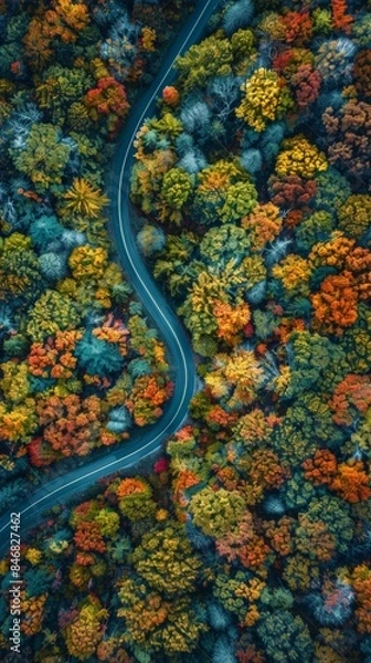 Obraz Aerial View of Lush Autumn Forest with Meandering Road 