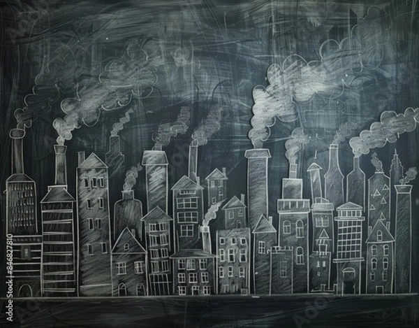 Obraz A chalkboard drawing of a city skyline with smokestacks and factories, likely depicting an industrial landscape.