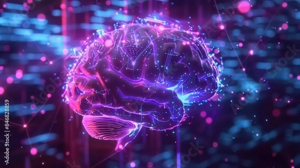 Obraz A picture of a brain with purple and blue lights. Generative AI