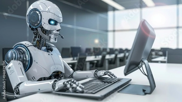 Fototapeta Cheerful customer service robot using computer in blurred office setting with space for text