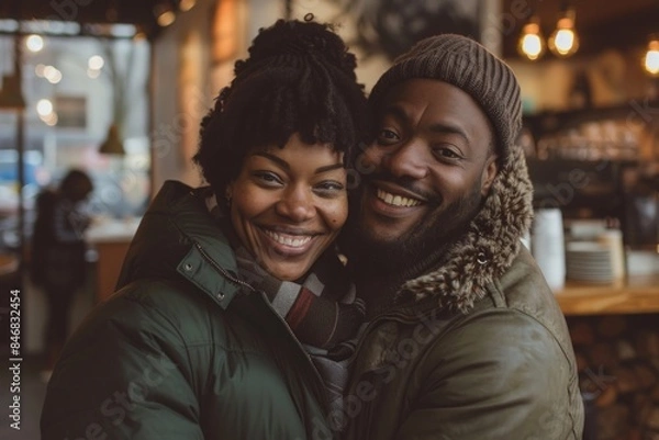 Fototapeta Portrait of a happy afro-american couple in their 30s wearing a warm parka in front of serene coffee shop background