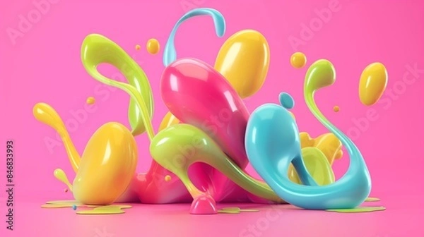 Obraz Colorful abstract liquid shapes splashing against a bright pink background in a dynamic 3D illustration