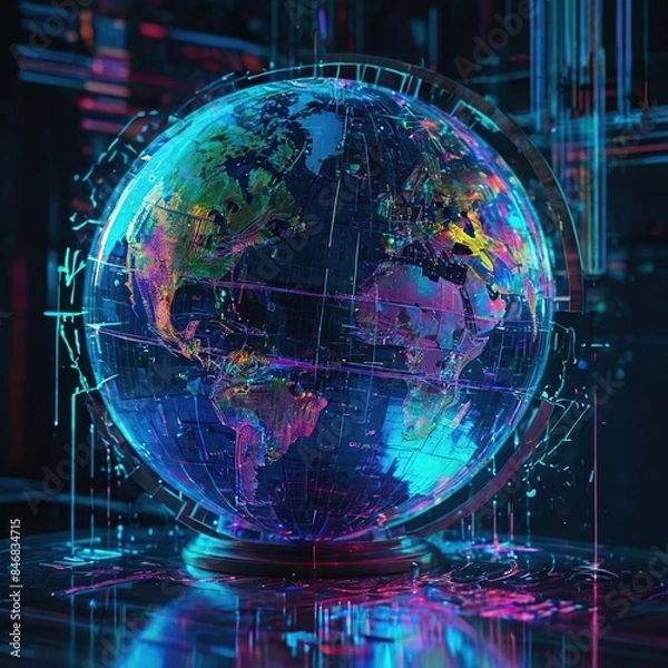 Fototapeta A glowing blue and purple globe sits on a reflective surface. Continents are visible on the globe, outlined in various colors.