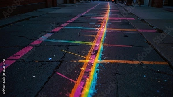 Obraz There is a photo of a crosswalk painted in rainbow colors on a city street at night.