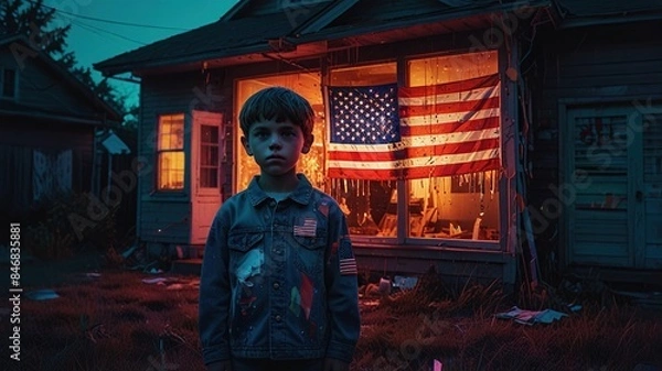 Obraz A young boy is standing in front of a house. The house has an American flag hanging in the window. The boy is wearing a blue shirt and jeans. He has a sad look on his face.