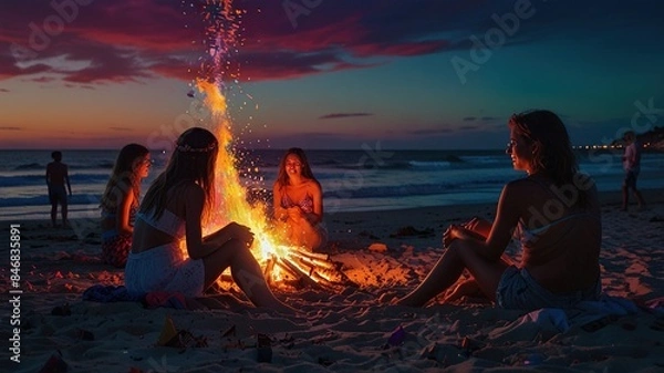 Fototapeta A group of friends are sitting around a bonfire on the beach at night.