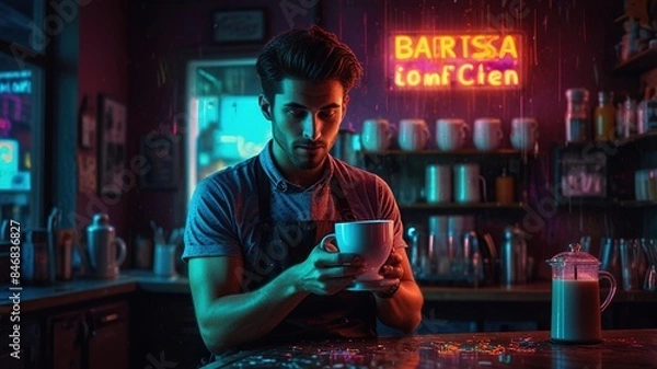 Obraz This is a photo of a barista holding a coffee cup in a coffee shop. The background is a neon sign that says "Barista".