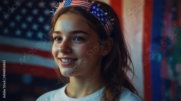 Obraz A young woman with long brown hair is smiling in front of an American flag. She is wearing a white shirt and a headband with American flag colors.