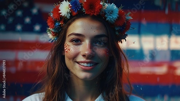 Obraz This is a photo of a young woman with long brown hair and a wreath of red, white, and blue flowers on her head. She is smiling and there is an American flag in the background.