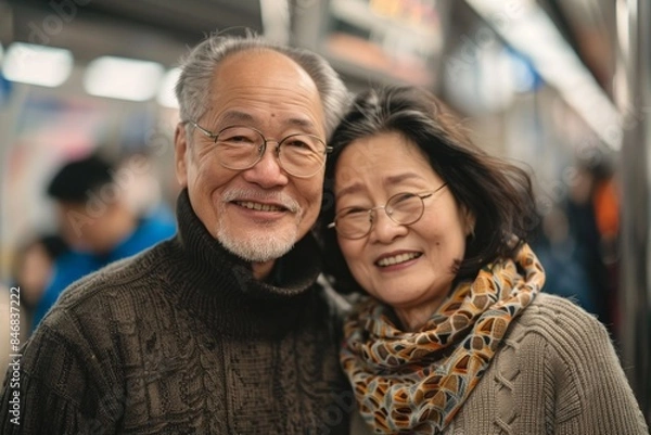 Fototapeta Portrait of a happy asian couple in their 60s dressed in a warm wool sweater on bustling city subway background