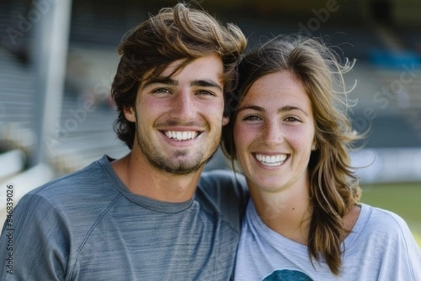 Obraz Portrait of a smiling caucasian couple in their 20s sporting a breathable hiking shirt in front of dynamic sports stadium background