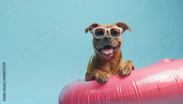 Fototapeta Playful Dog with Sunglasses and Inflatable Ring Enjoying Summer Vibes on Soft Blue Background