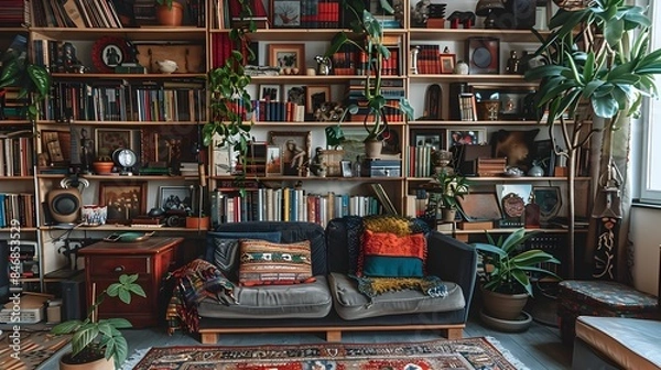Fototapeta Maximalist Living Room with Eclectic Shelves Filled with Books and Unique Collectibles