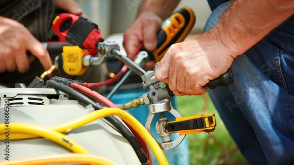 Obraz Skilled Technician Servicing Air Conditioning Unit with Tools in Repair Shop