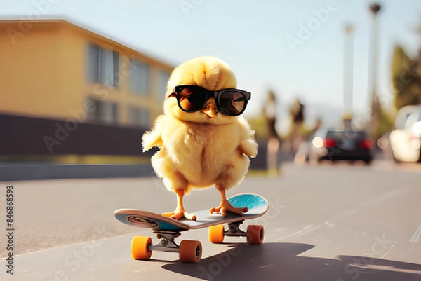 Obraz A cute chick riding a skateboard with sunglasses on