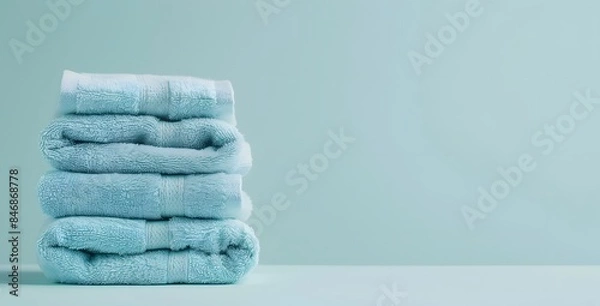 Fototapeta A pile of light blue towels on a table against a pastel background with copy space, a banner design.