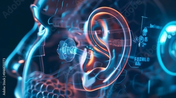 Obraz Digital illustration of a human ear, highlighted in orange, with a cochlear implant device inserted. The image includes technical data and labels, suggesting a medical or technological context.