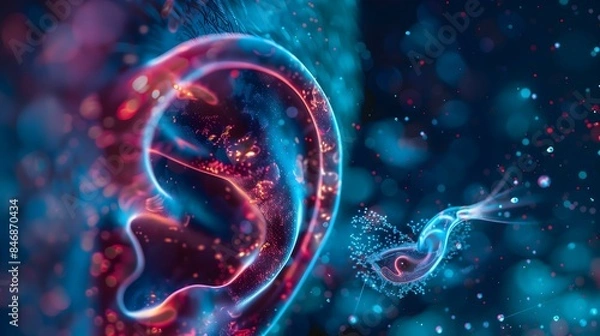Obraz Digital of a human ear, rendered in glowing particles, with a stylized representation of a cochlear implant device, evokes a sense of technological advancement in the field of hearing restoration.