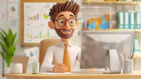 Fototapeta 3D office worker happily analyzing financial trends at his computer, with a clear depiction of front and back views