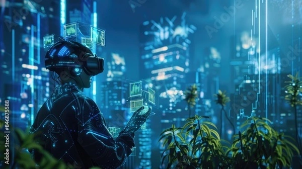 Obraz Business strategy session using Metaverse platforms and AI chatbot, focusing on global financial trends and investment opportunities