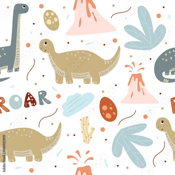 Fototapeta Seamless pattern with dinosaurs volcanoes, tropical plants, eggs and various dots on white background. Wild animal illustration for kids in pastel shades. Vector illustration design 